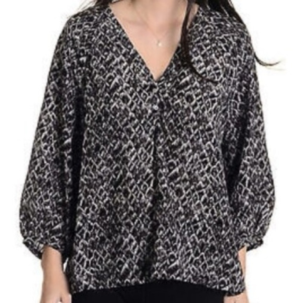 Joie 100% Silk Blouse Black Gray Feather‎ Print Top Blouse size small